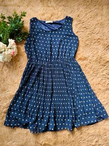 Navy Blue Polka Dot Pleated Dress