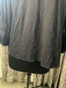 A.N.A Black Cotton Top with Embroidered Sleeves