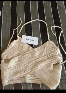 Cream Ribbed Halter Neck Crop Top