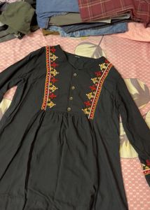Black Kurta with Embroidered Neckline