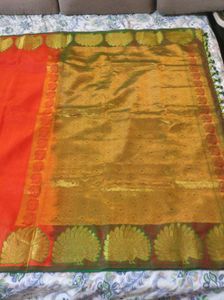 Vibrant Orange &amp; Gold Silk Saree
