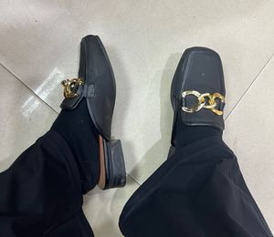 Black Mules with Gold Detail