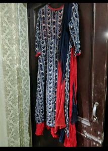 Elegant Blue &amp; Red Printed Kurta  with Dupatta
