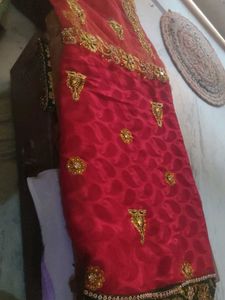 Embellished Red Saree with Gold Embroidery