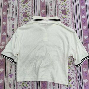 White Cropped Polo Shirt with Stripes
