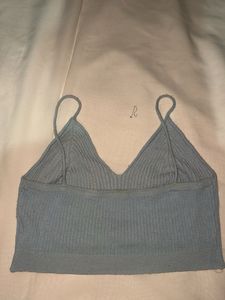 Blue Ribbed V-Neck Crop Top