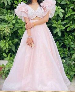 Elegant Pink Ruffled Sleeve Lehenga