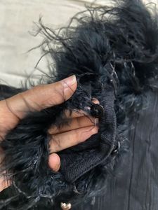 Black detachable fur Trim Button-Up knit top