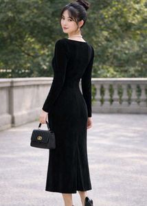 Elegant Black Velvet Button Dress