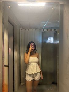 White Eyelet Strapless Peplum Top