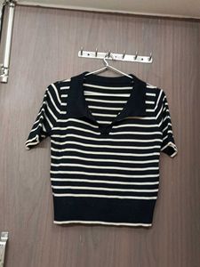 Striped Collared Knit Top for M &L