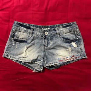 Distressed Denim Shorts with Embroidery