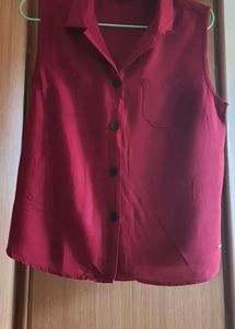 Red Sleeveless Button-Down Top