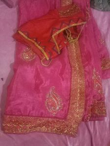Beautiful Pink Saree with Red Blouse