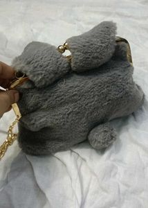 Cute Grey Furry Clutch Bag