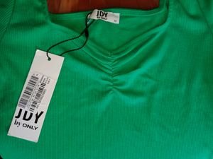 New Distressed Jeans With Green Ribbed Crop Top