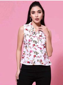 White Floral Print Sleeveless Top