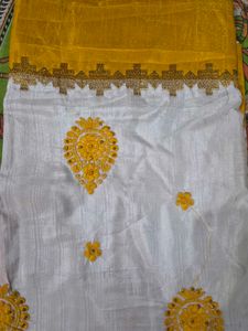 Elegant White Saree with Yellow Embroidery