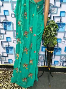 Elegant Teal Embroidered Saree Sea green