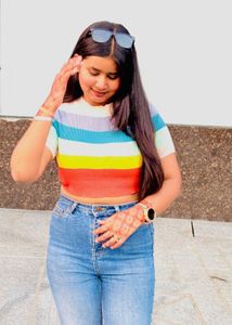 Rainbow Stripe Cropped Knit Top
