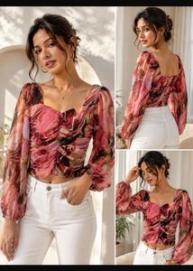 Chic Floral Ruched Puff Sleeve Top