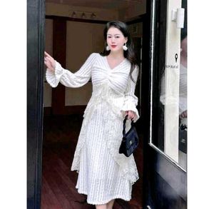 korean fur White Lace Detail Long Dress