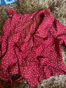 Red Polka Dot Ruffle Wrap Crop Top