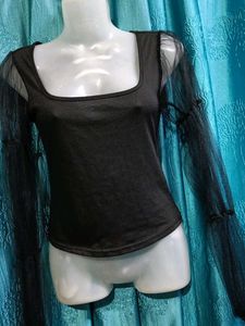 Elegant Black Top with Mesh Sleeves