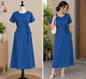 Brand New Blue Short Sleeve Tie Waist Dress