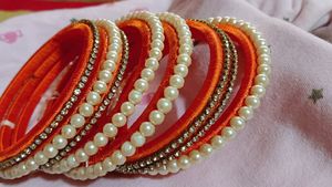 Orange &amp; Pearl Bangles - Set of 7