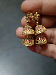 Cz Jhumka Red Green White Stones gold Plated