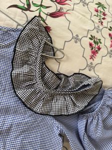 Blue Gingham Cold Shoulder Top