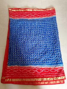 Blue &amp; Red bandhani Saree