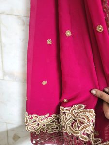 Hot Pink Pearl Work Saree