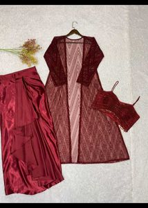 Embellished Maroon Kurta Set with Skirt