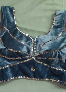 Teal Velvet Blouse with Mirror Work