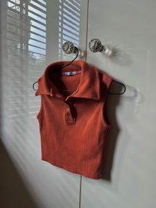 Sleeveless Ribbed Polo Crop Top