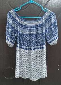 Boho Blue &amp; White Print Off-Shoulder Top