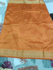 Orange and navy blue Silk Saree with Golden Border