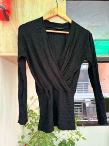 Black Ribbed Long Sleeve Wrap Top