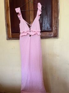 Pink Ruffle Trim Midi Dress