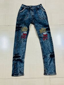 Kids Distressed Blue Jeans with Graphic Print