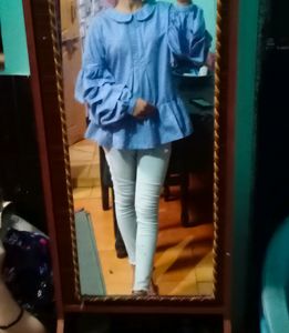Blue Gingham Ruffle Sleeve Top