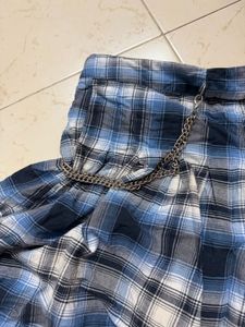 Blue Plaid Skirt with Chain Detail