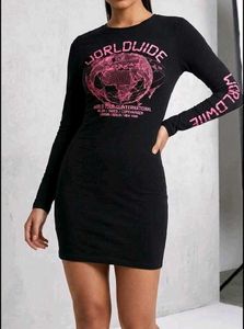 Black Graphic Long Sleeve Mini Dress