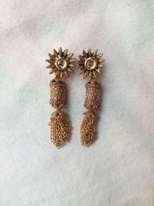 Golden Tassel Earrings with Pink Stones