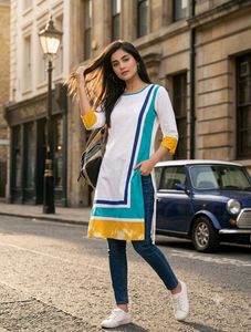 Stylish White Kurta with Blue & Yellow Accents