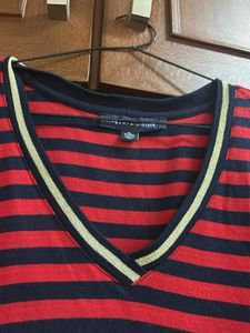 TH Red and Black Striped V-Neck Dress