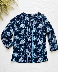 Chic Floral Print Navy Blue Top