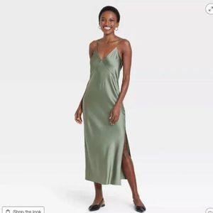 V-Neck Satin Slip Midi Dress in Olive Green